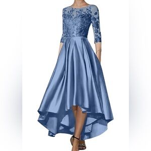 Chic High-Low Blue Dress with Lace Detail